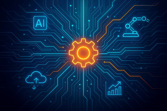 Central Gear with AI Cloud Robot and Graph Icons on Circuit Board artificial intelligence technology