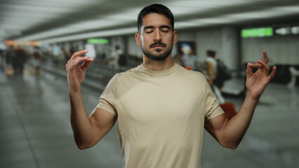 Young man in airport terminal meditating with closed eyes and relaxed posture, surrounded by...