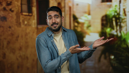 Obraz premium Young man standing in a charming urban street setting with a thoughtful expression, wearing a casual denim shirt, blending seamlessly into the rustic town backdrop.