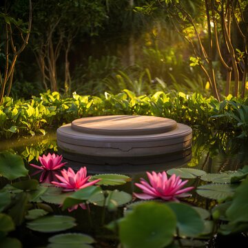 Stage or podium in the middle of a lake or pond surrounded with plants and flowers with a little  sunlight touch  