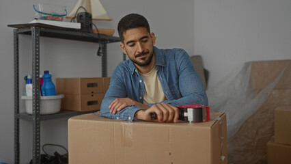 Young man packing boxes in a new home with a relaxed expression, surrounded by cardboard boxes and...