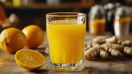Refreshing Orange Ginger Turmeric Juice with Fresh Ingredients on a Rustic Wooden Table.