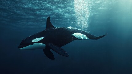 Orca swimming underwater with light beam.