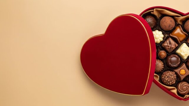 A heart-shaped red box, open to reveal an assortment of chocolates, sits on a soft beige background, with a golden trim