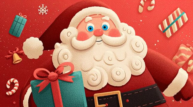 Cute festive illustration of Santa Claus smiling and holding a gift box, detailed costume features, rosy face, fluffy white beard, candy canes and gifts scattered on red background, warm lighting, bri