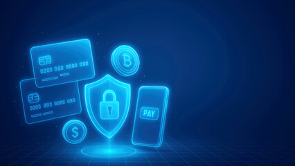 Digital payment security concept with credit cards, bitcoin, dollar coin, shield, and smartphone on blue background