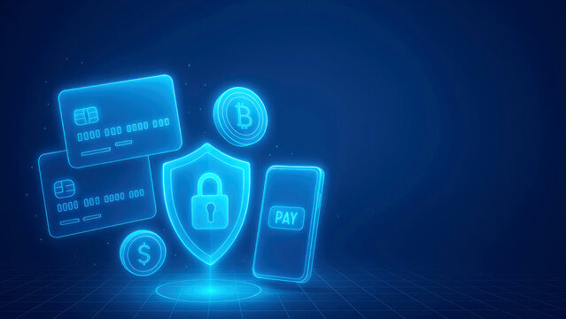 Digital payment security concept with credit cards, bitcoin, dollar coin, shield, and smartphone on blue background