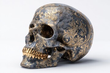 Intricate skull sculpture features gold embellishments and ornate design details