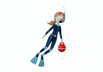 Felted figure of a female diver in a wetsuit holding a buoy on a white background