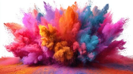 Fototapeta premium A cloud of colorful powder erupts in the air filling the scene with vibrant pinks oranges purple and turquoise during a lively outdoor festival on a sunny day. People celebrate joyfully.