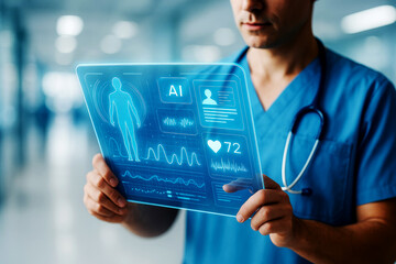 Doctor holding a futuristic transparent tablet displaying medical data and AI interface healthcare technology