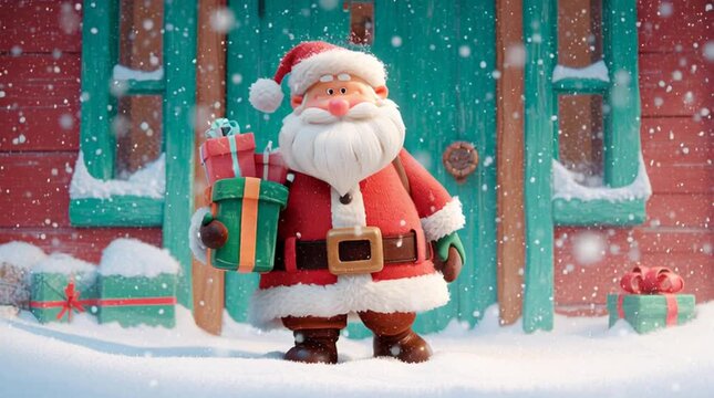 Digital animation video of Santa Claus holding gifts at a house door, full-body cartoon realism, festive red and green palette, snowy background, colorful Christmas postcard style, cheerful holiday sc