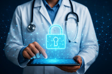 Doctor Holding Tablet with Digital Padlock and Network Overlay for Medical Security healthcare