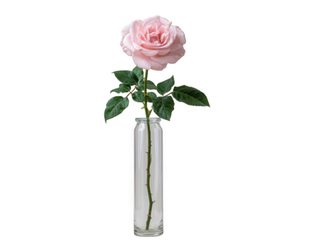 Single pink rose flower in narrow glass vase, isolated on transparency background. romantic, minimal, and delicate flora arrangement expressing gentle love and elegance