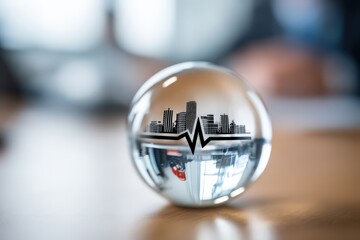 A crystal sphere emphasizing urban vitality with city skyline silhouette integrates heart rate monitoring symbol reflecting innovation and economic health in a corporate environment