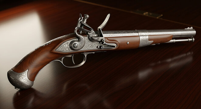 Antique Flintlock Pistol with Ornate Metalwork on Wood