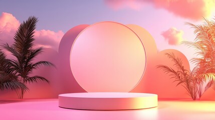 Dreamy pastel pink product display podium with soft clouds and tropical plants at sunrise.