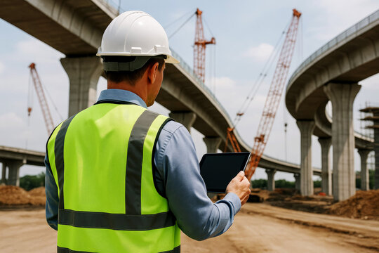 Engineer in high-visibility vest and hard hat using tablet at highway construction site with cranes bridge