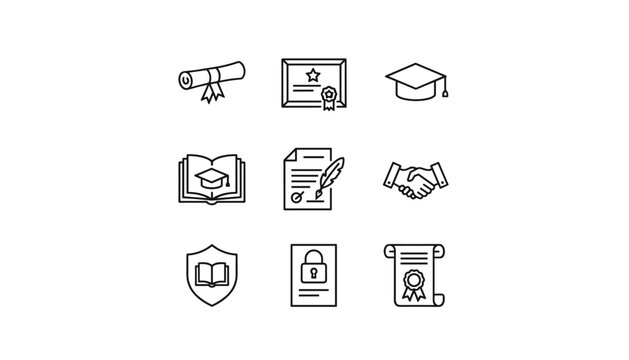 Certificate and graduation line icon set. Education and achievement symbols. Diploma scroll, award, degree, academic cap, handshake, secure document, learning and knowledge concepts.