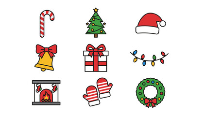 Christmas icon vector set. Holiday design elements. Candy cane, Xmas tree, Santa hat, jingle bell, gift box, lights, fireplace, mittens, wreath. Festive winter illustration.