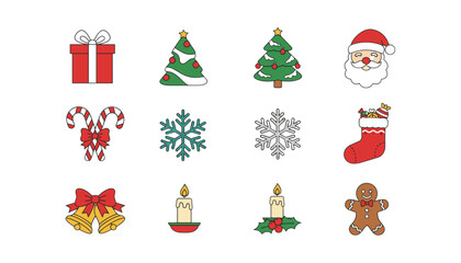Christmas vector icons set. Festive holiday clipart with Christmas tree, Santa Claus, gift box, candy cane, bells, stocking, snowflake, candle, holly, gingerbread man. Colorful seasonal symbols.