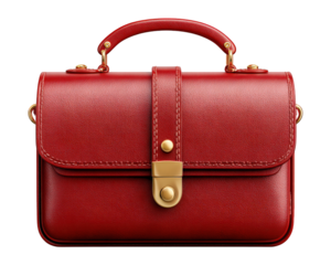 Elegant red leather handbag, classic fashion accessory with gold clasp. This stylish purse isolated on transparent background evokes sense of timeless luxury