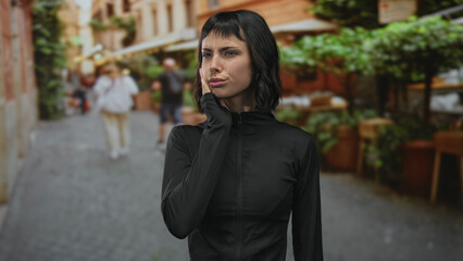 Woman in black casual jacket holds cheek with hand on busy urban street for toothache; discomfort.