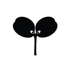 Fototapeta premium A stylized black and white image of a sprout with eyes peeking out between the leaves on white silhouette