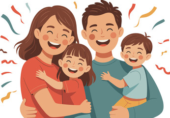 Happy family smiling together, parents hugging children, joyful family portrait, love and happiness illustration, celebration, unity, cheerful lifestyle, positive parenting concept