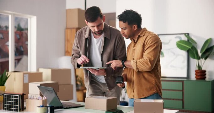Barcode scanner, box and tablet with men in office together for delivery, distribution or shipping. App, logistics and tracking with supply chain team at work for agenda, online order or schedule