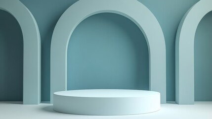 Minimalist blue podium with arch background for product display and presentation.