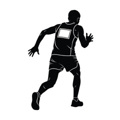 Silhouette of a male athlete running with a blank square on his jersey viewed from behind