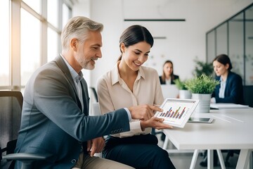 Senior businessman mentoring a young female colleague, analyzing data charts and graphs on a digital tablet in a modern office.