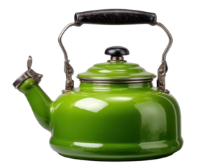 Green enamel teapot with charming retro style. Vintage kitchenware kettle, isolated on transparency background, evokes sense of warm nostalgia and classic tea time comfort