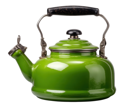 Green enamel teapot with charming retro style. Vintage kitchenware kettle, isolated on transparency background, evokes sense of warm nostalgia and classic tea time comfort