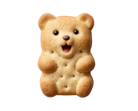 Cute adorable happy smiling bear biscuit, fun snack food for children. An isolated cartoon character cracker with delightful expression, golden brown and baked