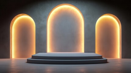 Modern Minimalist Stage with Glowing Arches and Podium.