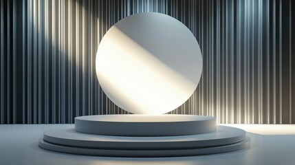 Modern minimalist product display stage with circular backdrop and dramatic lighting.
