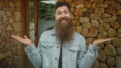 Bearded man gestures open palms at building entrance by a stone wall lined with greenery while smiling; curiosity.
