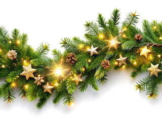 Christmas garland with pine cones and golden stars, isolated on white background