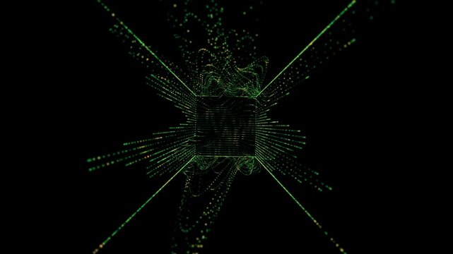 Abstract futuristic waves from particles in lines on dark. Noise motion from color data baza. Sound wave and audio background. Square with explosion of bright particles. 