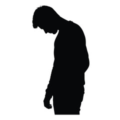 Silhouette of a man with head down and long sleeved shirt in black against white background