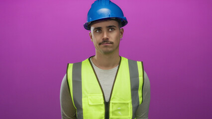 Young man in reflective vest and hardhat stands against an isolated pink background wall, appearing thoughtful and focused, embodying a professional and confident attitude.