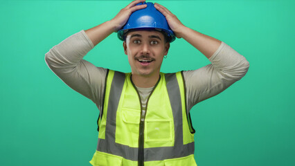 Young hispanic man wearing reflective vest and hardhat stands in front of an isolated green background wall, expressing surprise and holding his head.