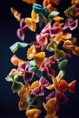 Fototapeta premium Colorful pasta shapes falling gracefully against a dark backdrop in a creative kitchen scene
