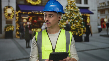 Young man with hardhat and vest uses tablet on city street with festive decorations.