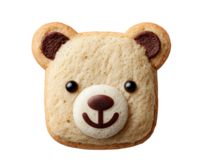Cute smiling bear shaped biscuit, an adorable and sweet cookie snack for kids. happy food character, isolated on transparent background, delicious treat