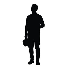 Silhouette of a man standing looking up holding a hat in his left hand against a white background