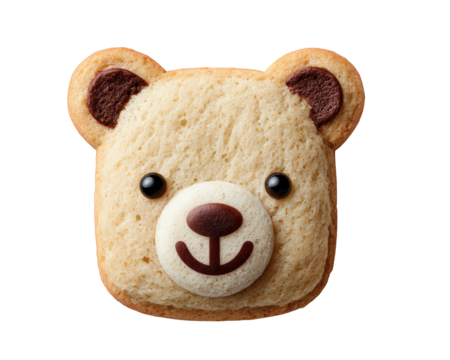 Cute smiling bear shaped biscuit, an adorable and sweet cookie snack for kids. happy food character, isolated on transparent background, delicious treat