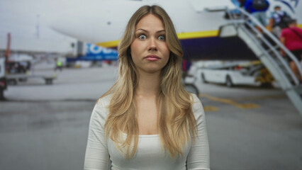 Fototapeta premium Blonde caucasian woman covers mouth with hand at airport terminal; surprise curiosity uncertainty hesitation.